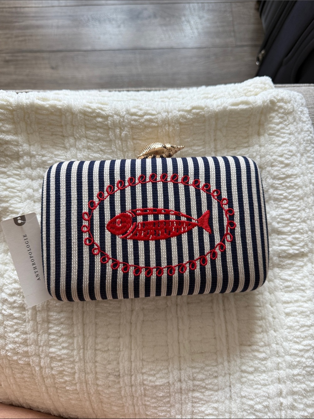 Anthropologie Navy & Red Striped Fish Embroidered Clutch